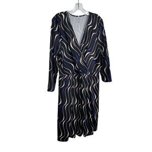 Talbots Size 16 Dress Surplice Faux Wrap Midi Wavy Stripe Stretch Elegant Office